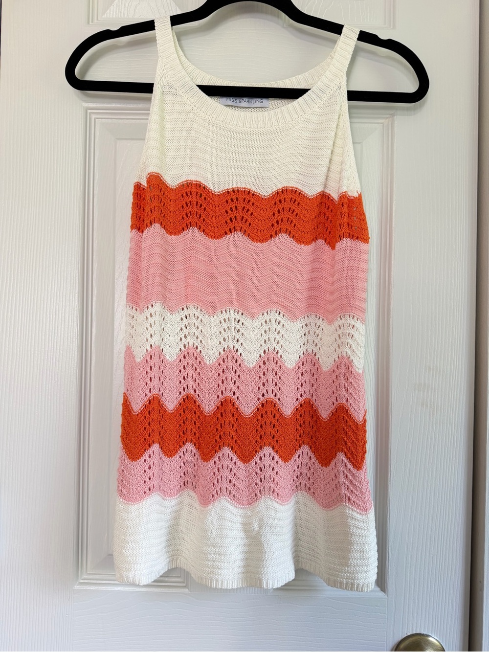 Miss Sparkling Crochet Knit Tank Top L Ivory Pink Coral Chevron Sleeveless Sweat